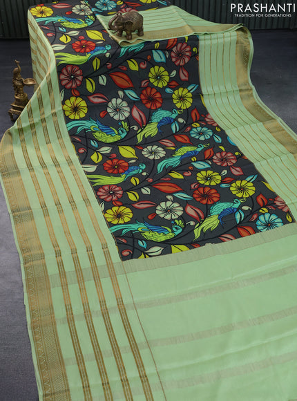 Pure mysore silk saree elephant grey and pista green with digital kalamkari prints and long zari woven border