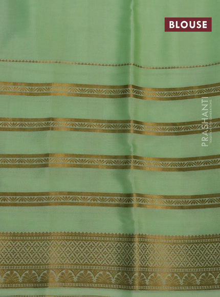 Pure mysore silk saree elephant grey and pista green with digital kalamkari prints and long zari woven border