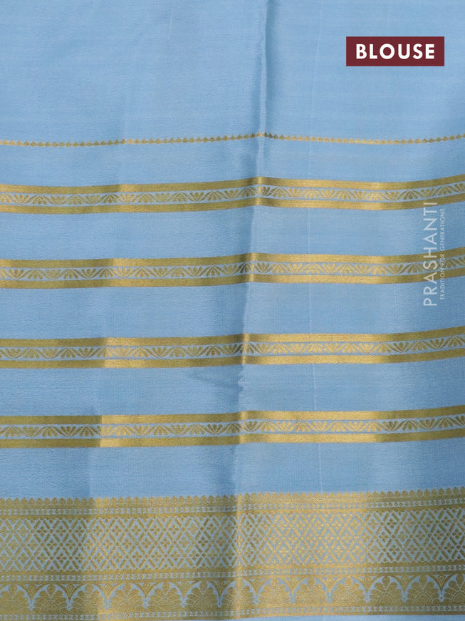 Pure mysore silk saree pastel green and pastel blue with digital kalamkari prints and long zari woven border