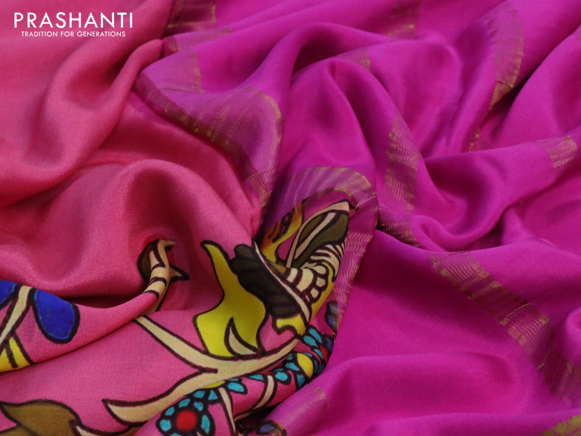 Pure mysore silk saree pink shade with digital kalamkari prints and long zari woven border