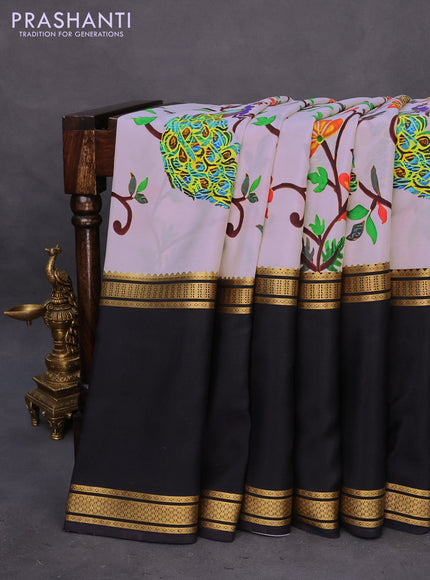 Pure mysore silk saree cream and black with digital kalamkari prints and long zari woven border