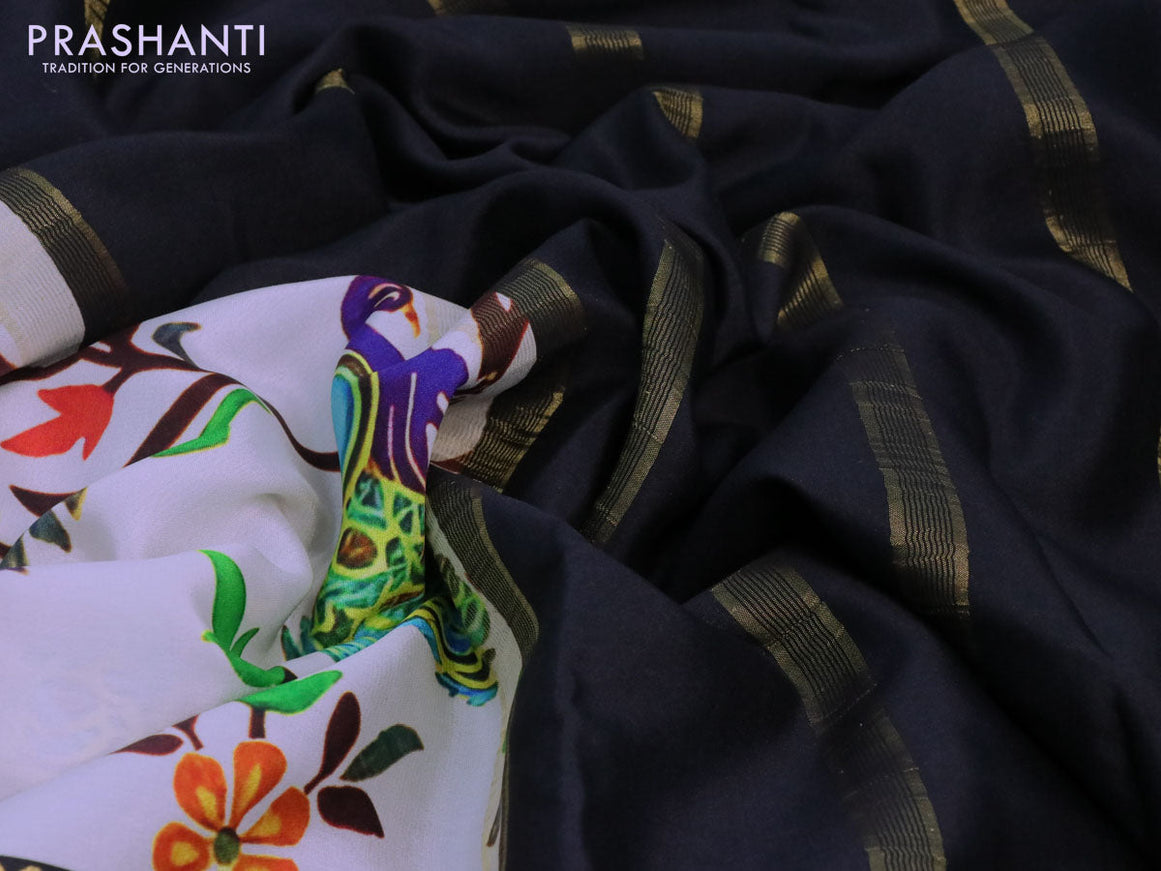 Pure mysore silk saree cream and black with digital kalamkari prints and long zari woven border