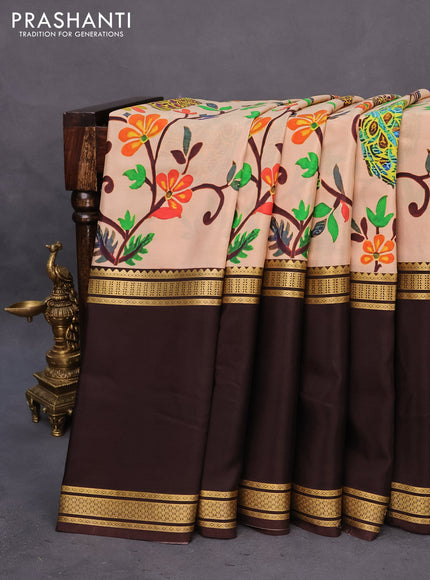 Pure mysore silk saree sandal and deep coffee brown with digital kalamkari prints and long zari woven border