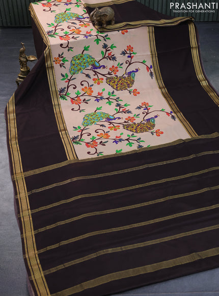 Pure mysore silk saree sandal and deep coffee brown with digital kalamkari prints and long zari woven border