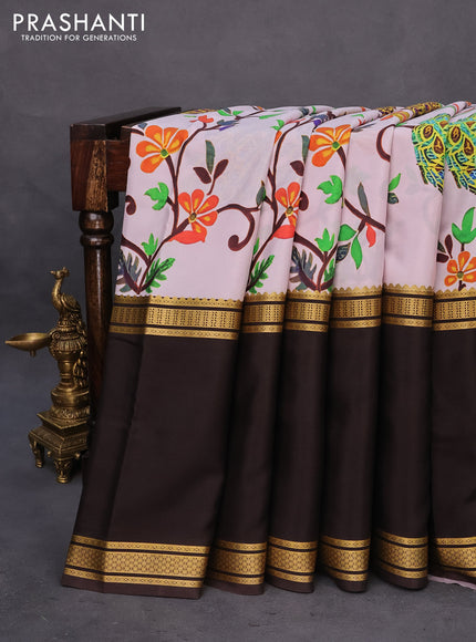 Pure mysore silk saree pastel pink and deep coffee brown with digital kalamkari prints and long zari woven border