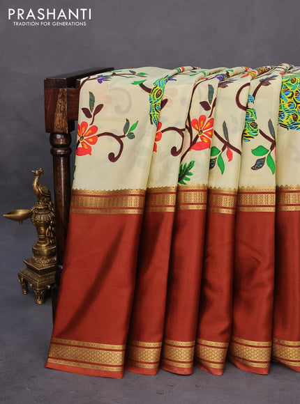 Pure mysore silk saree cream and rust shade with digital kalamkari prints and long zari woven border