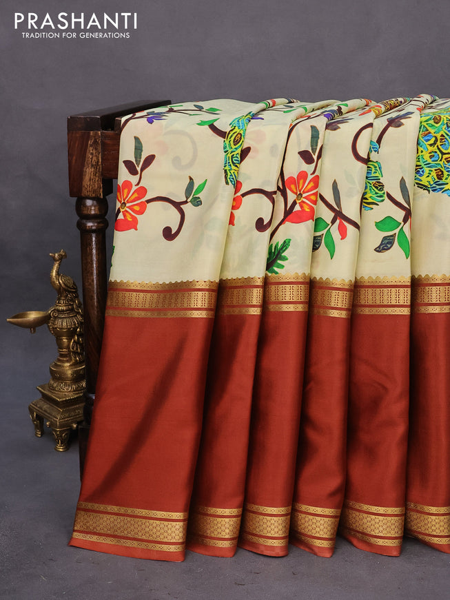 Pure mysore silk saree cream and rust shade with digital kalamkari prints and long zari woven border