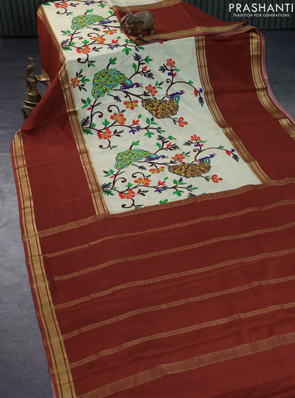 Pure mysore silk saree cream and rust shade with digital kalamkari prints and long zari woven border