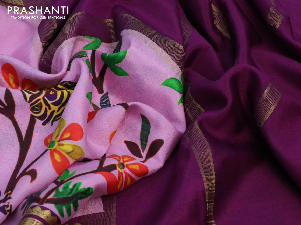 Pure mysore silk saree light pink and purple with digital kalamkari prints and long zari woven border