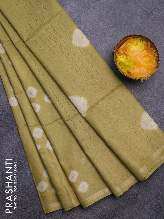 Bamboo saree green shade with zari woven buttas & batik butta prints and small zari woven border