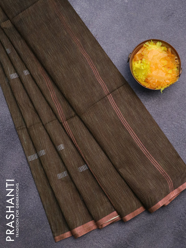 Bamboo saree brown shade with thread woven buttas and zari woven piping border