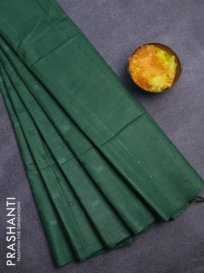 Bamboo saree green with allover thread strips & self emboss and sequin work pallu