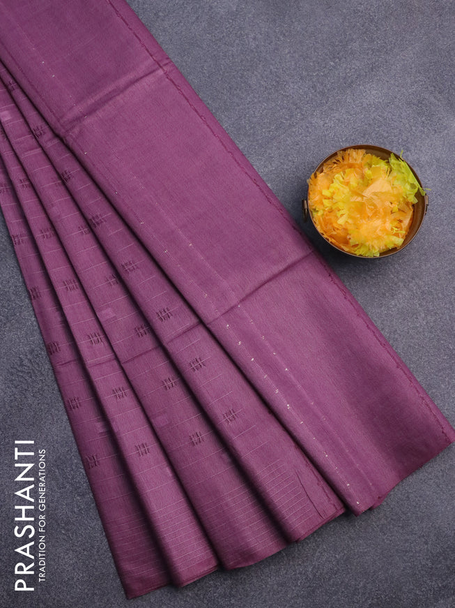 Bamboo saree wine shade with allover thread strips & self emboss and sequin work pallu