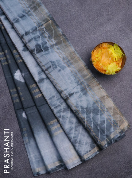 Bamboo saree dark grey and grey with allover zari woven buttas & batik prints and small zari woven border