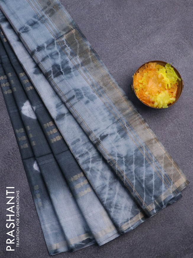 Bamboo saree dark grey and grey with allover zari woven buttas & batik prints and small zari woven border