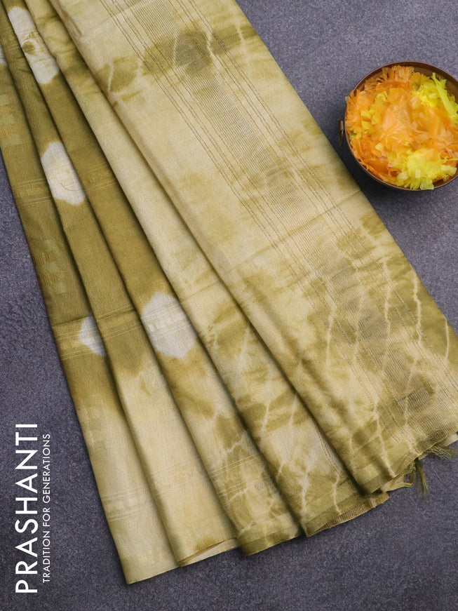 Bamboo saree light green and pale yellow with allover zari woven buttas & batik prints and small zari woven border