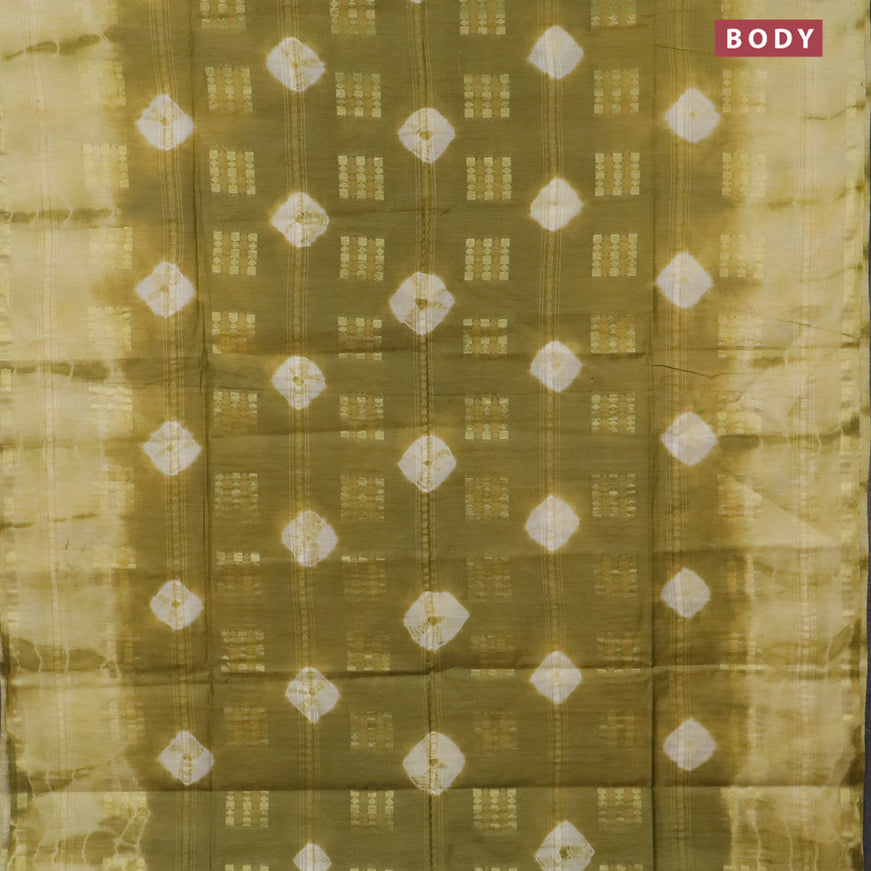 Bamboo saree light green and pale yellow with allover zari woven buttas & batik prints and small zari woven border