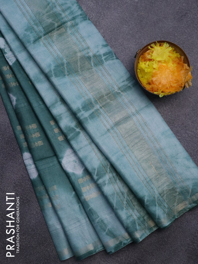 Bamboo saree green shade and pastel blue shade with allover zari woven buttas & batik prints and small zari woven border