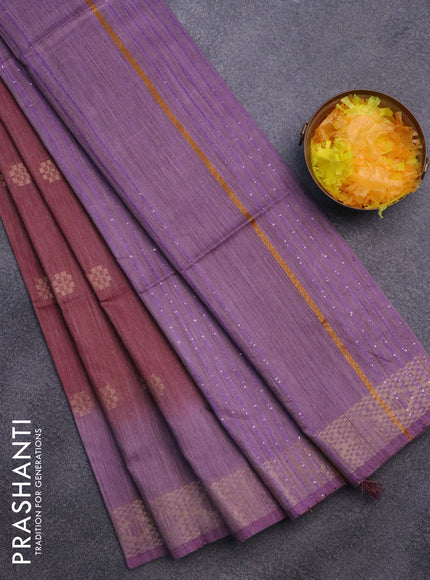 Bamboo saree maroon and mild purple with allover zari woven buttas & batik prints and sequin work pallu & zari border