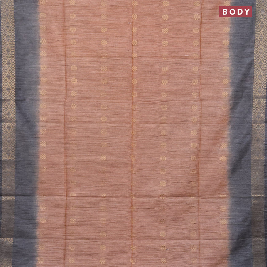 Bamboo saree peach orange and grey with allover zari woven buttas & batik prints and sequin work pallu & zari border