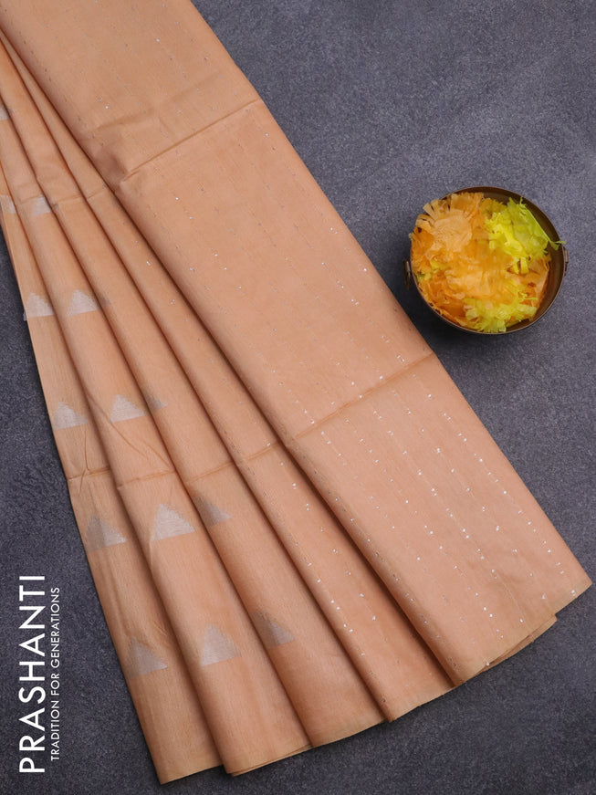 Bamboo saree pale orange with silver zari woven geometric buttas and sequin work pallu