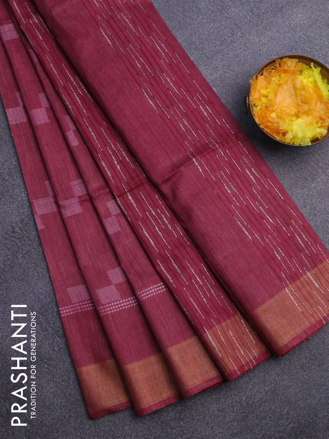 Bamboo saree maroon with allover geometric thread weaves and zari woven border