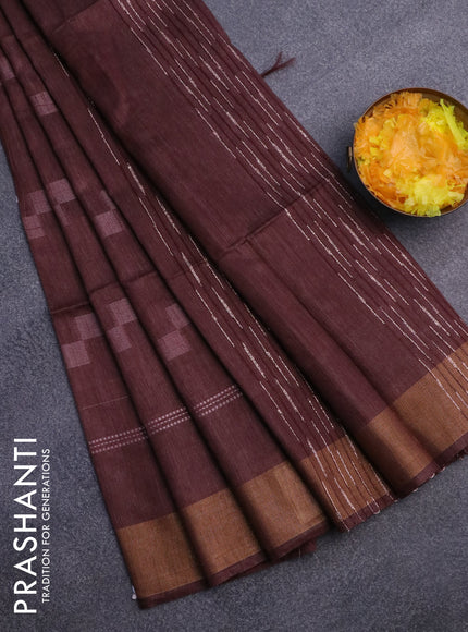 Bamboo saree coffee brown with allover geometric thread weaves and zari woven border