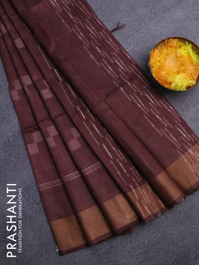 Bamboo saree coffee brown with allover geometric thread weaves and zari woven border