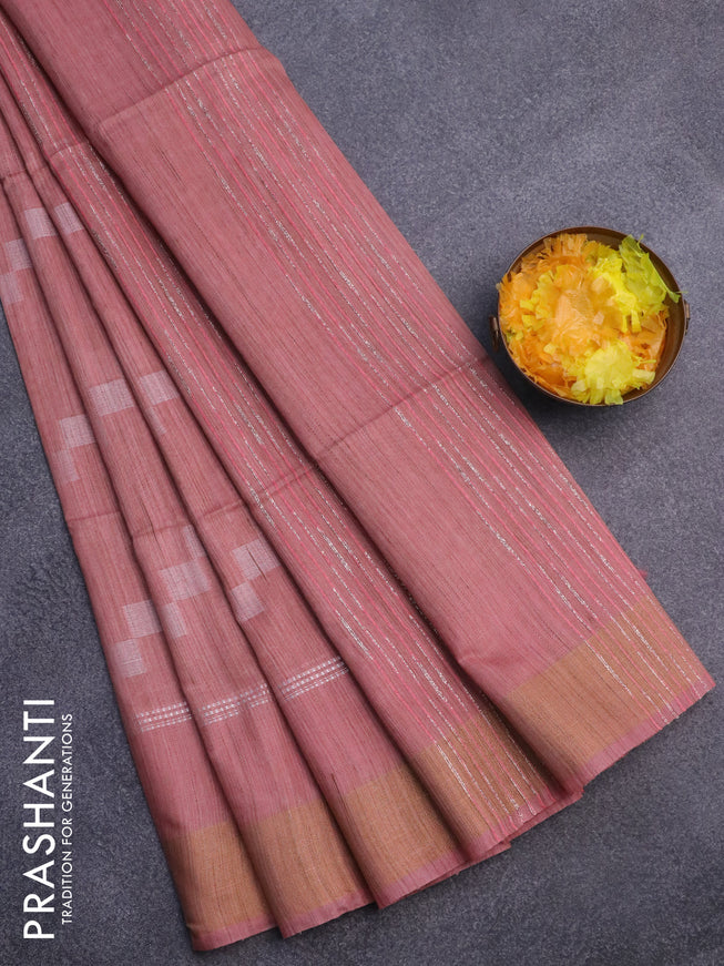 Bamboo saree pastel peach with allover geometric thread weaves and zari woven border