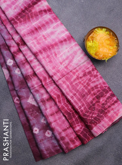 Bamboo saree wine shade and pink with allover sequin work & tie and dye prints in borderless style