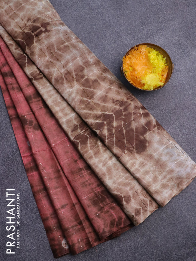 Bamboo saree peach shade and brown with allover sequin work & tie and dye prints in borderless style