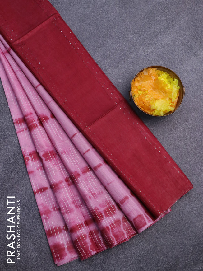 Bamboo saree light pink and maroon with allover tie and dye & thread weaves and sequin work pallu