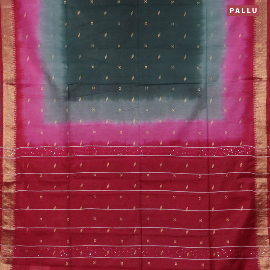 Bamboo saree bottle green and dark pink with zari woven buttas and zari woven border