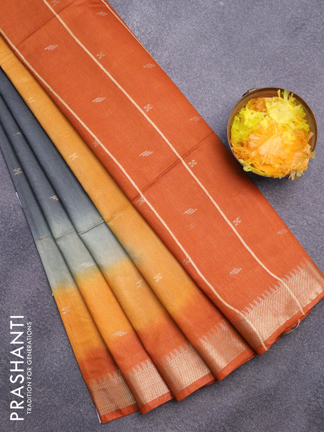 Bamboo saree grey and rustic orange with zari woven buttas and zari woven border