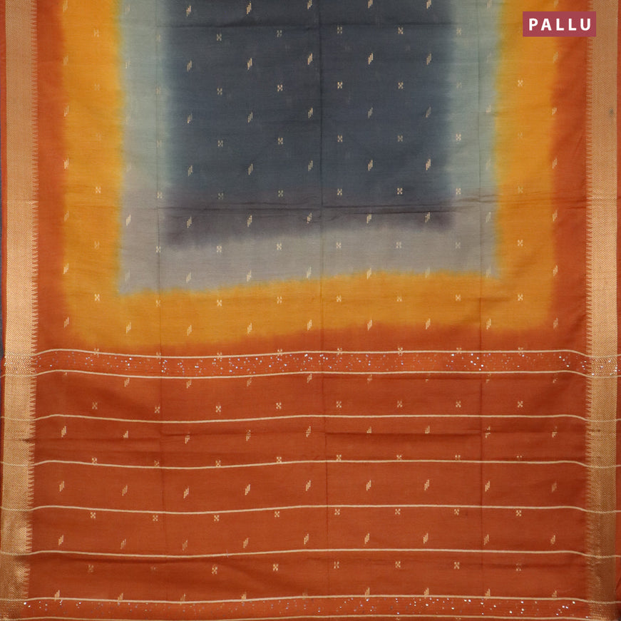 Bamboo saree grey and rustic orange with zari woven buttas and zari woven border