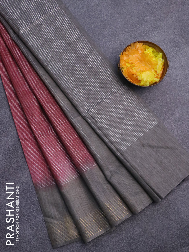 Bamboo saree maroon and grey with allover thread weaves and zari woven border