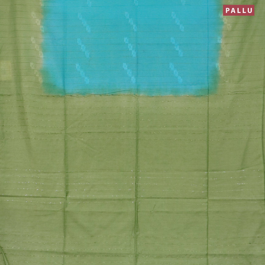 Bamboo saree blue and light green with thread woven geometric buttas in borderless style