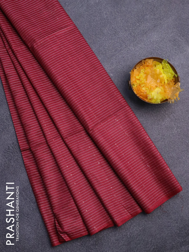 Bamboo saree maroon with allover self emboss & thread strips in borderless style