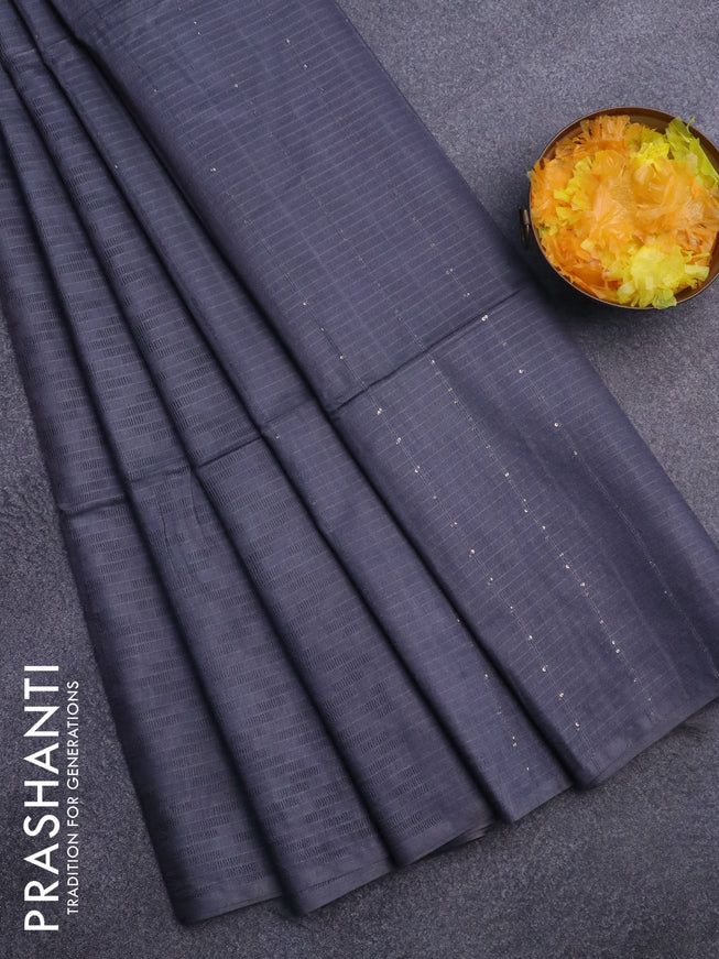 Bamboo saree grey with allover self emboss & thread strips in borderless style