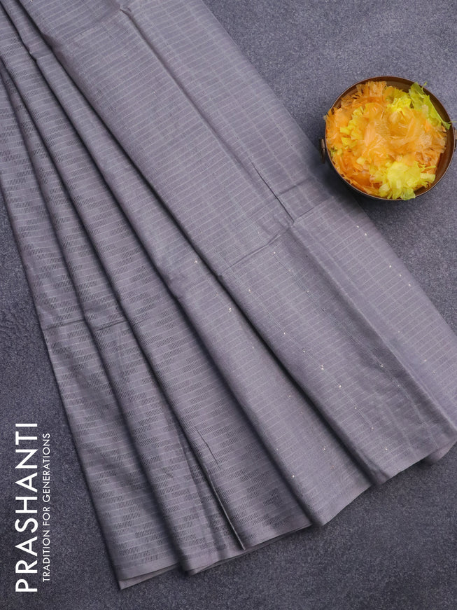 Bamboo saree grey with allover self emboss & thread strips in borderless style