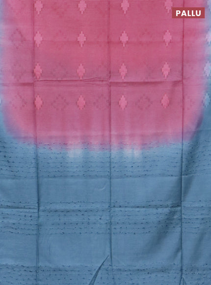 Bamboo saree pink and pastel blue with allover self emboss & thread strips in borderless style