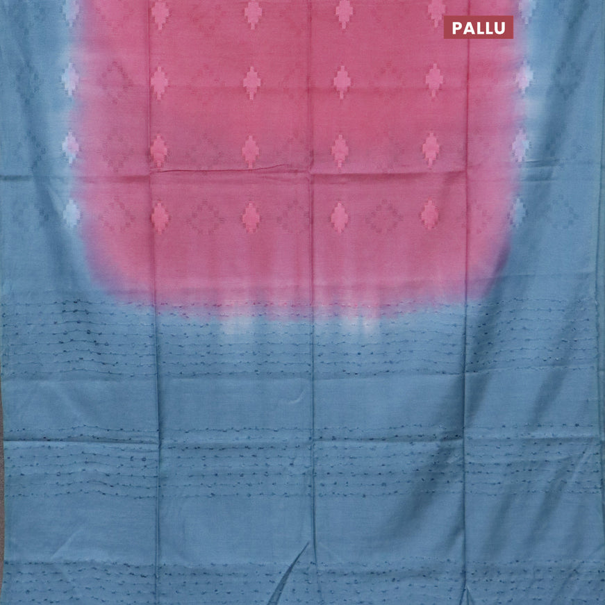 Bamboo saree pink and pastel blue with allover self emboss & thread strips in borderless style