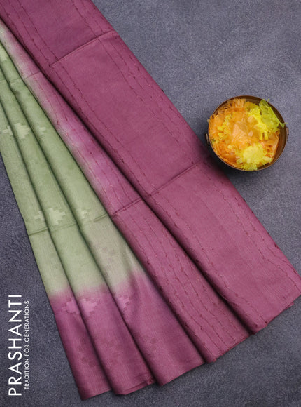 Bamboo saree mauve pink and green with allover self emboss & thread strips in borderless style