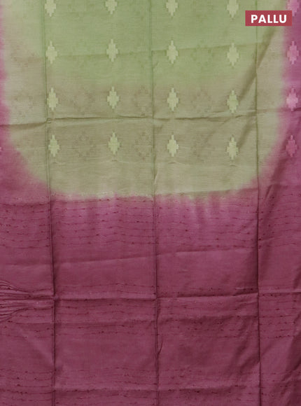 Bamboo saree mauve pink and green with allover self emboss & thread strips in borderless style