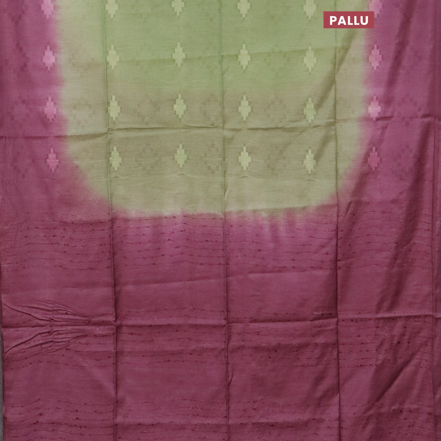 Bamboo saree mauve pink and green with allover self emboss & thread strips in borderless style