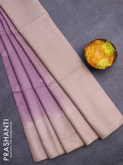 Bamboo saree mauve pink and sandal with allover self emboss & thread strips in borderless style