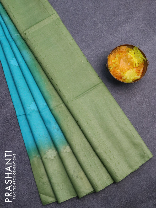 Bamboo saree teal blue and pastel green with allover self emboss & thread strips in borderless style