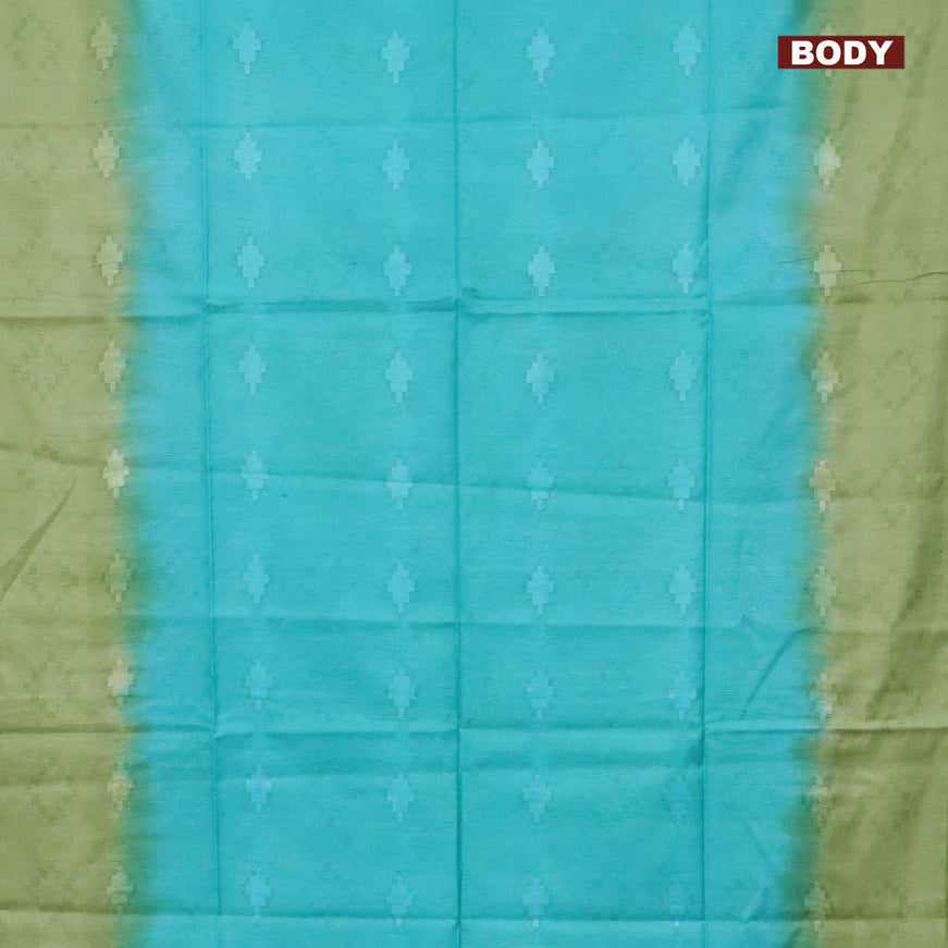 Bamboo saree teal blue and pastel green with allover self emboss & thread strips in borderless style