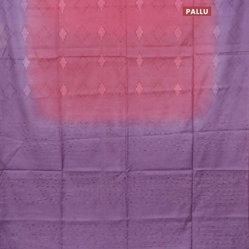 Bamboo saree peach pink and lavender with allover self emboss & thread strips in borderless style