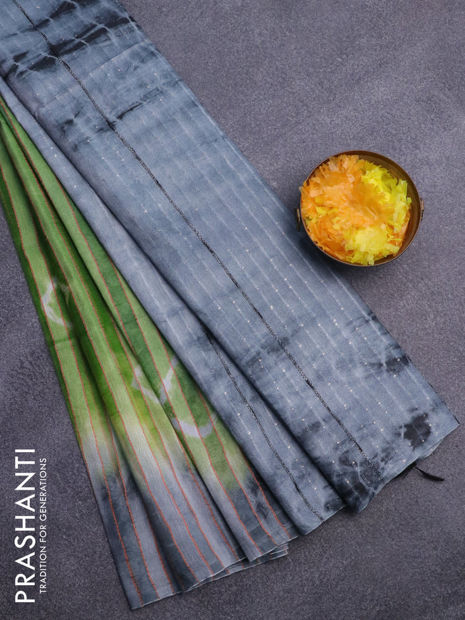 Bamboo saree green and grey with allover stripes pattern & batik prints and sequin work pallu